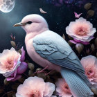 Pale blue bird among pink blossoms under a starry night sky