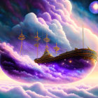 Fantastical ship sailing through vibrant starry sky with fluffy clouds