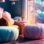 Cozy room with cloud-like furniture, flower bouquet, coffee cup, and dreamy sky view