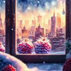 Snow-covered raspberries against city skyline in serene snowfall