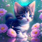 Illustration of cute kitten with big eyes in pink floral setting