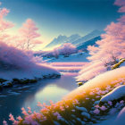 Scenic winter landscape with cherry blossoms, river, bridge, mountains at sunrise