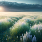 Serene sunrise over misty green meadow with wildflowers