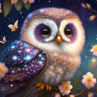 Illustrated owl with purple eyes and luminous feathers in pink blossoms under starry sky