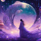 Woman in Long Dress Under Crescent Moon in Fantasy Landscape