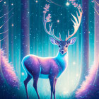 Mythical deer with glowing antlers in enchanted starlit forest