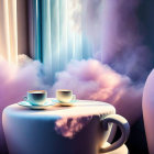 Coffee cups on table with dreamy clouds and soft lighting.