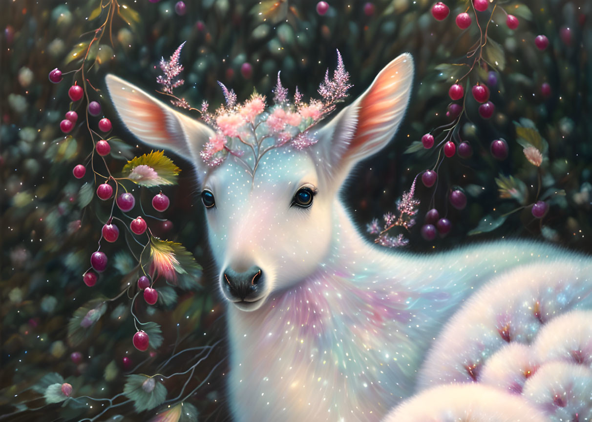 White deer with sparkling fur and flower crown in berry bush