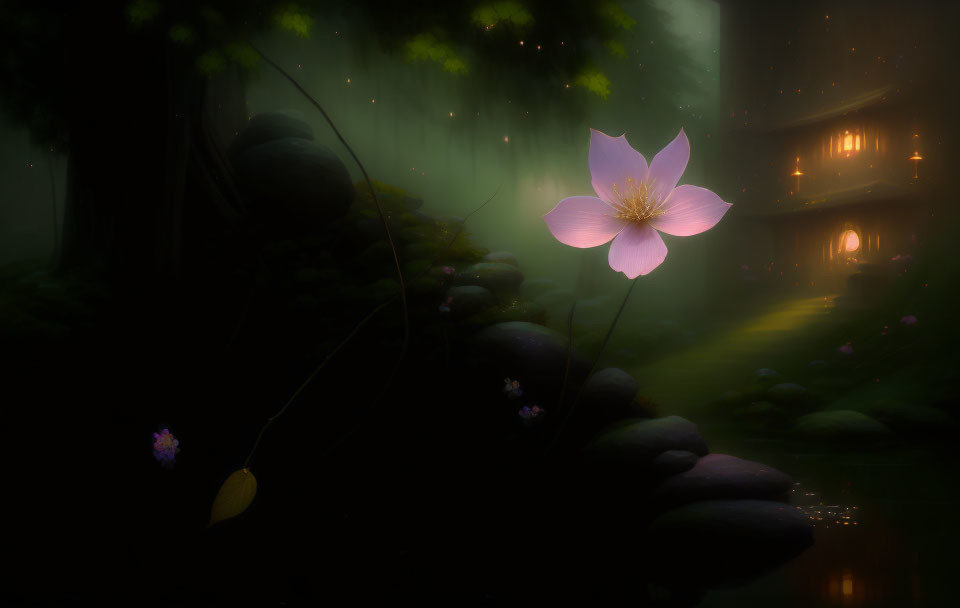 Enchanting night forest with pink flower, misty path, and hidden structure.