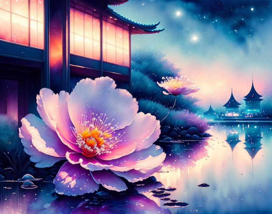 Large pink flower artwork by tranquil pond with Asian architecture under starry sky