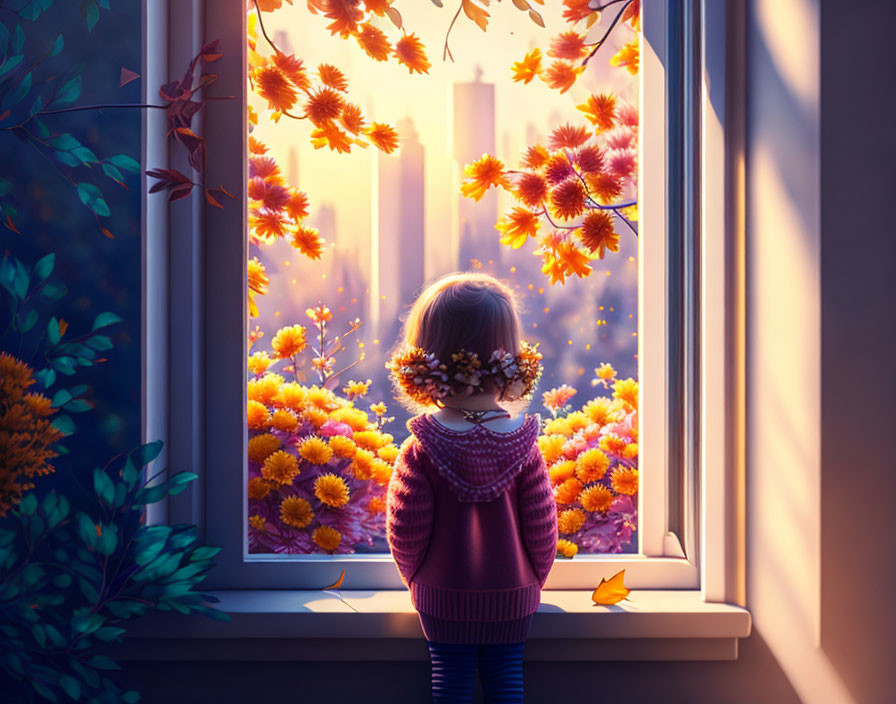 Child in Purple Sweater with Flower Crown Admires Autumn Cityscape