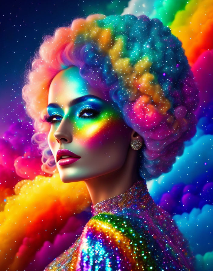 Colorful portrait of a person with rainbow makeup and hair against cosmic backdrop