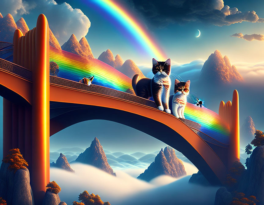 Surreal landscape featuring cats on rainbow bridge, misty mountains, crescent moon.