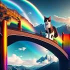 Surreal landscape featuring cats on rainbow bridge, misty mountains, crescent moon.