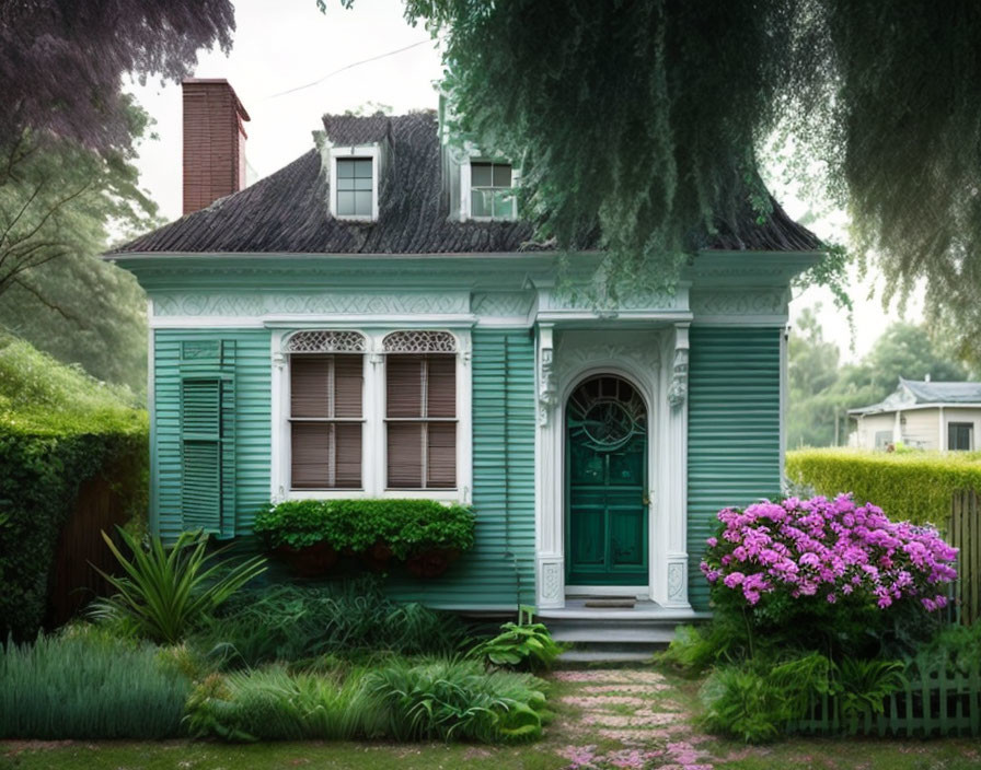 Teal-Colored House with White Trim, Greenery, and Purple Flowers