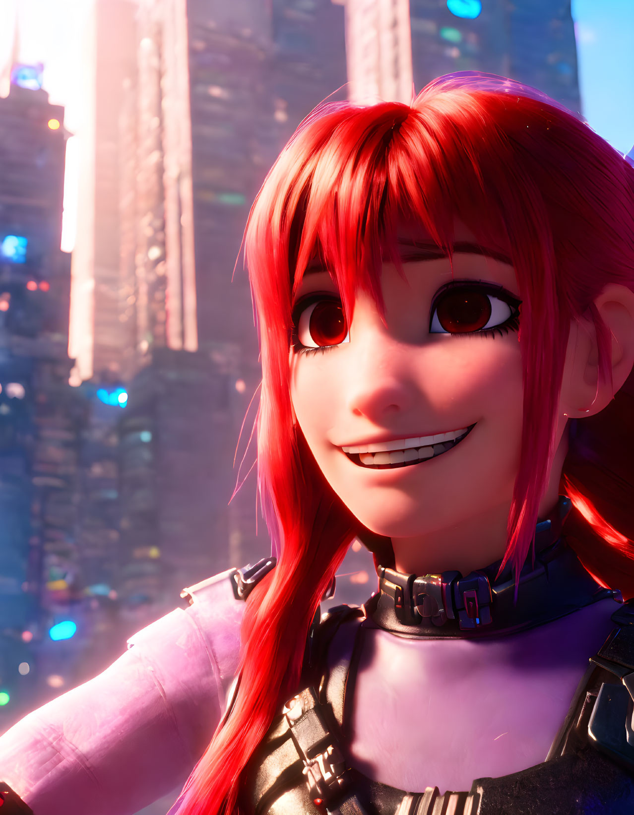 Smiling animated female character with red hair in futuristic attire on neon-lit cityscape