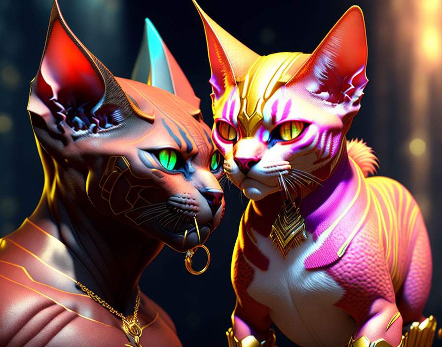 Stylized digital cats with humanoid features and vibrant fur standing together.