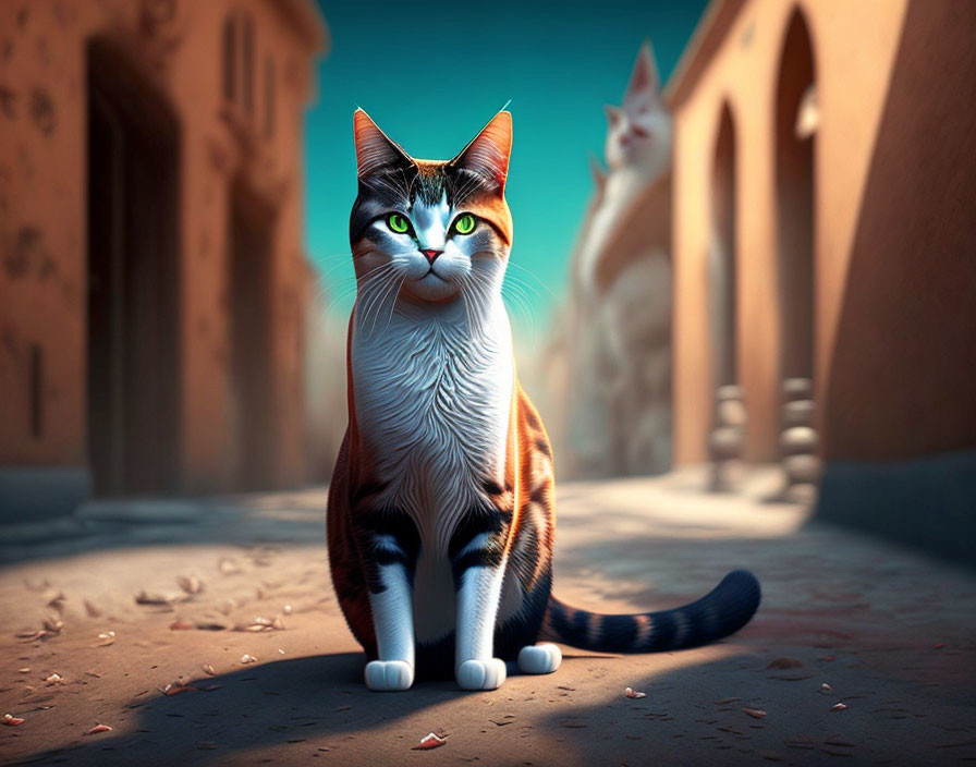 Digital Artwork: Two Cats in Sunlit Alley, Detailed Orange and White Cat in Foreground