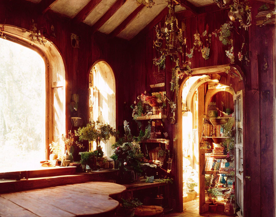 Rustic interior with arched windows, dried herbs, pottery, and plants