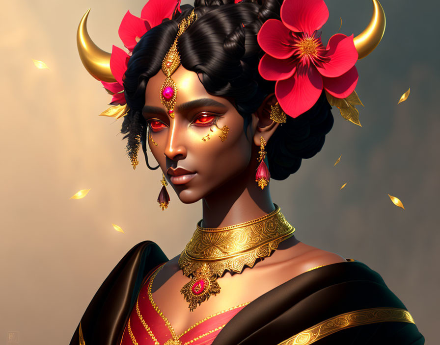 Portrait of woman with horns, gold jewelry, red flowers, and petal accents