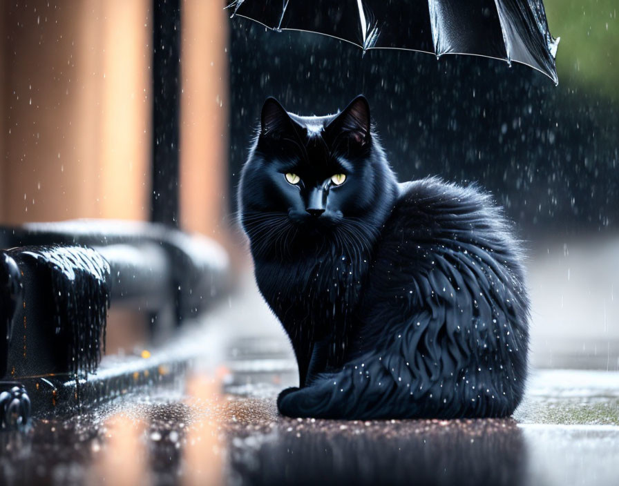 Black cat with yellow eyes under umbrella in rainstorm