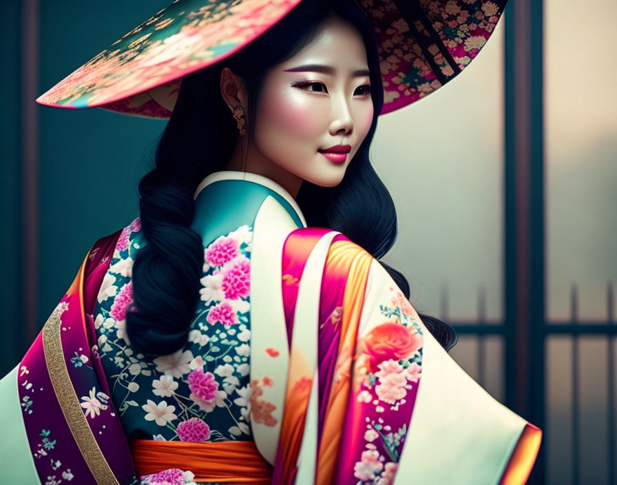 Colorful Traditional Asian Outfit with Floral Patterns and Wide-Brimmed Hat