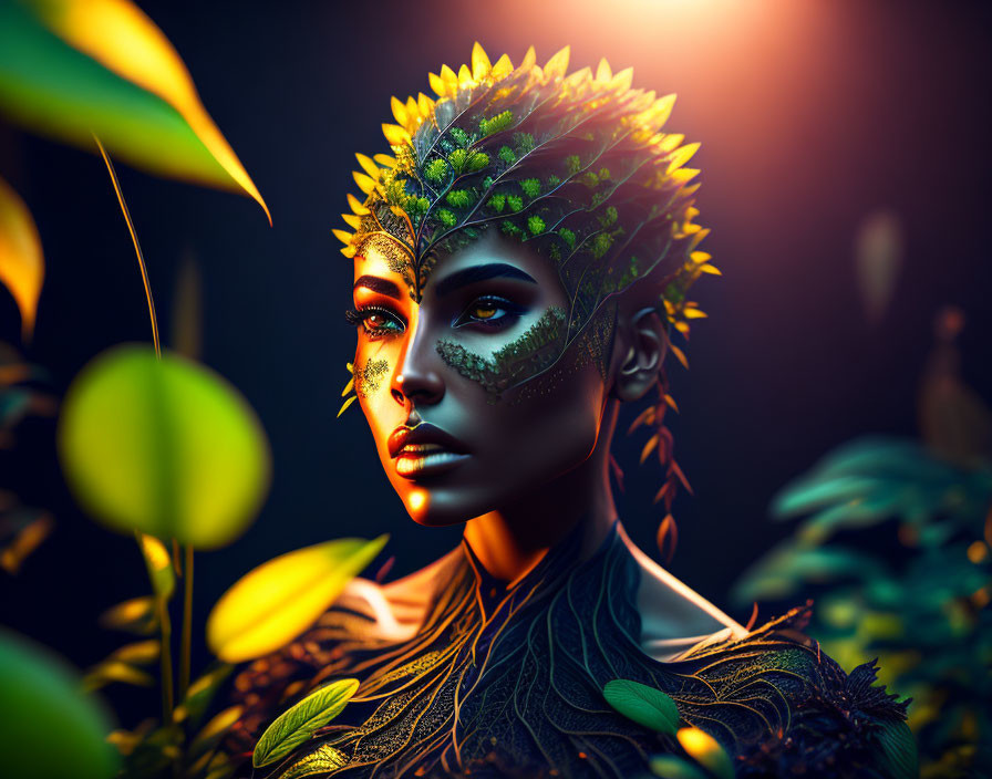 Digital art portrait of woman with plant-themed makeup and headdress, surrounded by greenery and dramatic lighting
