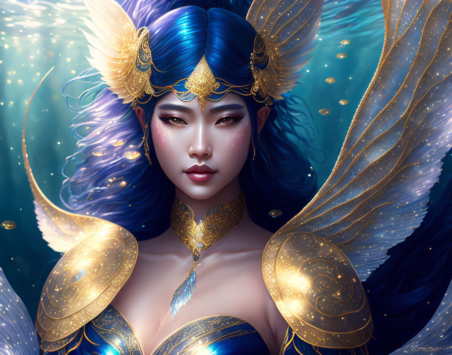 Illustrated female figure with blue hair and ornate golden armor in mystical setting