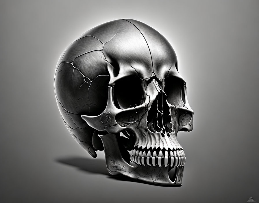 Monochromatic human skull illustration with glossy surface and visible cracks