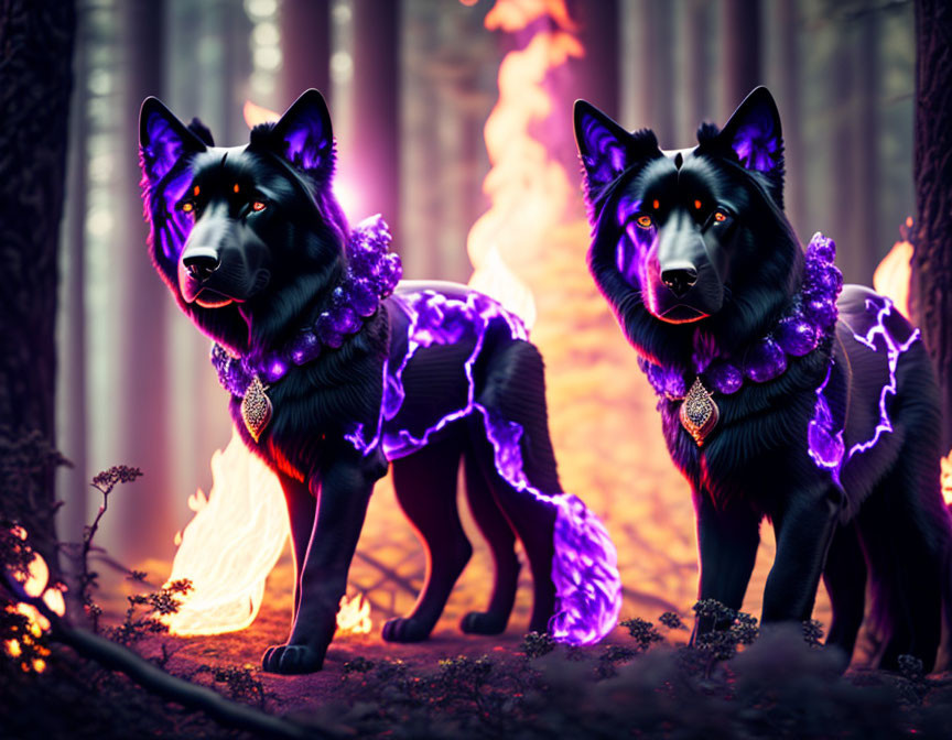 Mystical black dogs with purple flames in dark forest wearing ornate necklaces