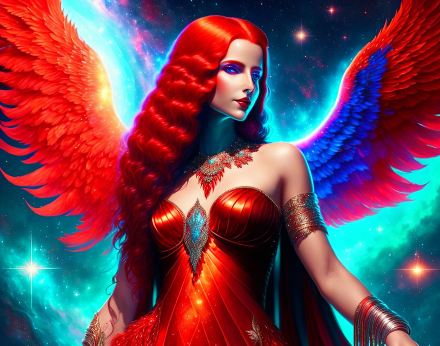 Digital artwork of a woman with red hair and wings in gem-studded outfit