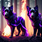 Mystical black dogs with purple flames in dark forest wearing ornate necklaces