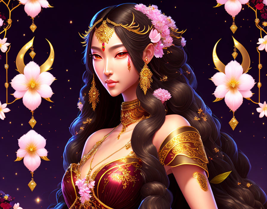 Fantasy female figure with dark hair, gold jewelry, and pink flowers under starry night sky.