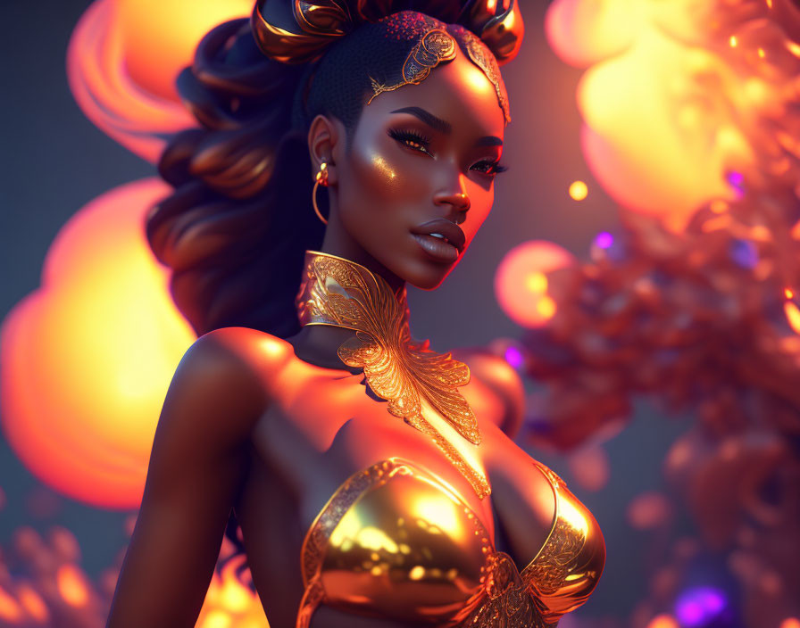 Digital artwork featuring woman with ornate gold jewelry, glowing makeup, and intricate hair design in warm bo