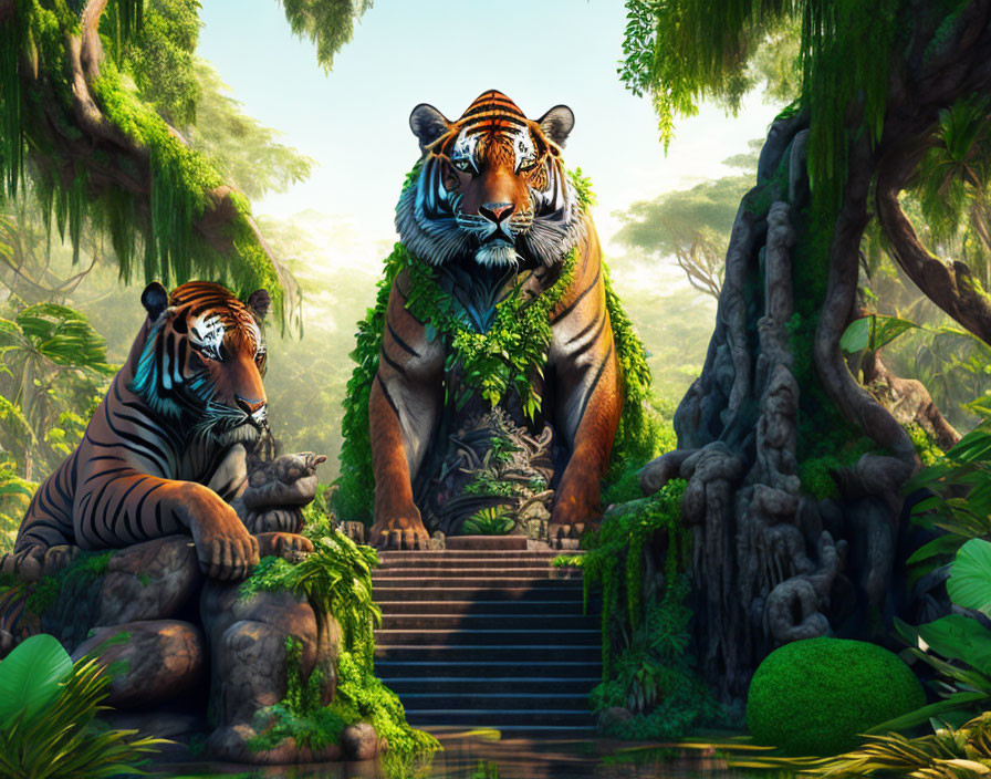 Majestic tigers in lush jungle with stone steps & vines