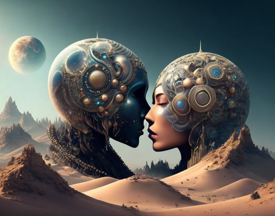 Detailed robotic heads touch foreheads in desert landscape with mountains and planet