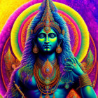 Colorful Psychedelic Art: Blue-Skinned Figure with Multiple Arms