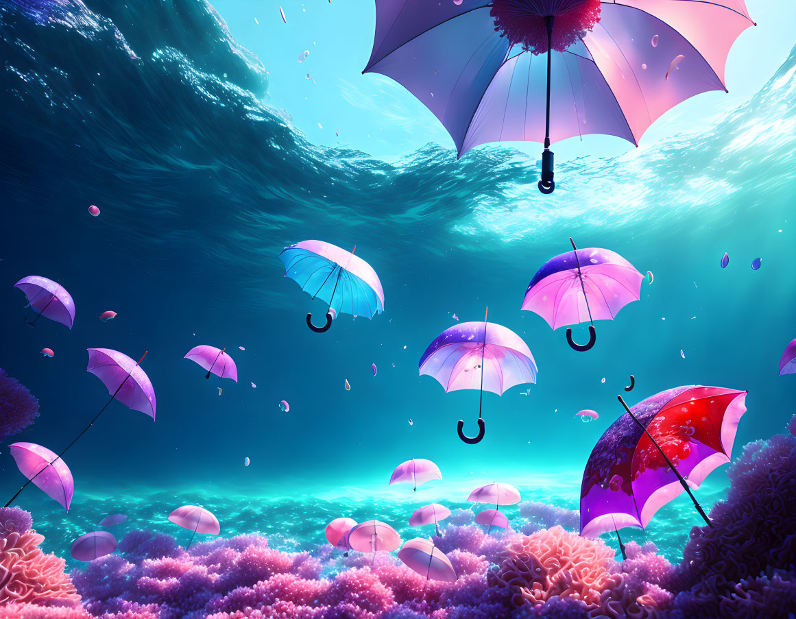 Colorful umbrellas floating in underwater coral reef scene with ethereal lighting.