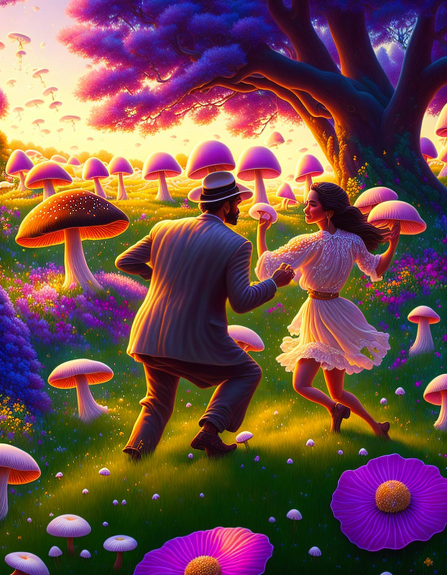 Enchanted forest dance with oversized mushrooms and purple hues