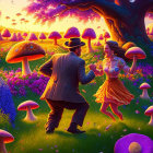 Enchanted forest dance with oversized mushrooms and purple hues