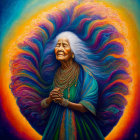 Elderly woman with joyful expression in cosmic setting