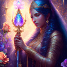 Dark-haired woman adorned with gold and blue jewels holding a glowing scepter amidst purple roses and stars