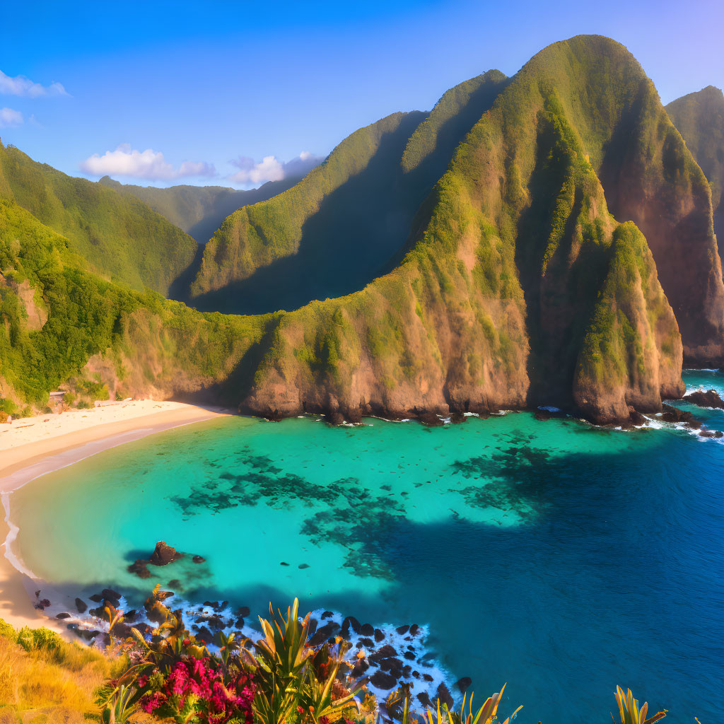 Serene beach with green mountains and azure bay