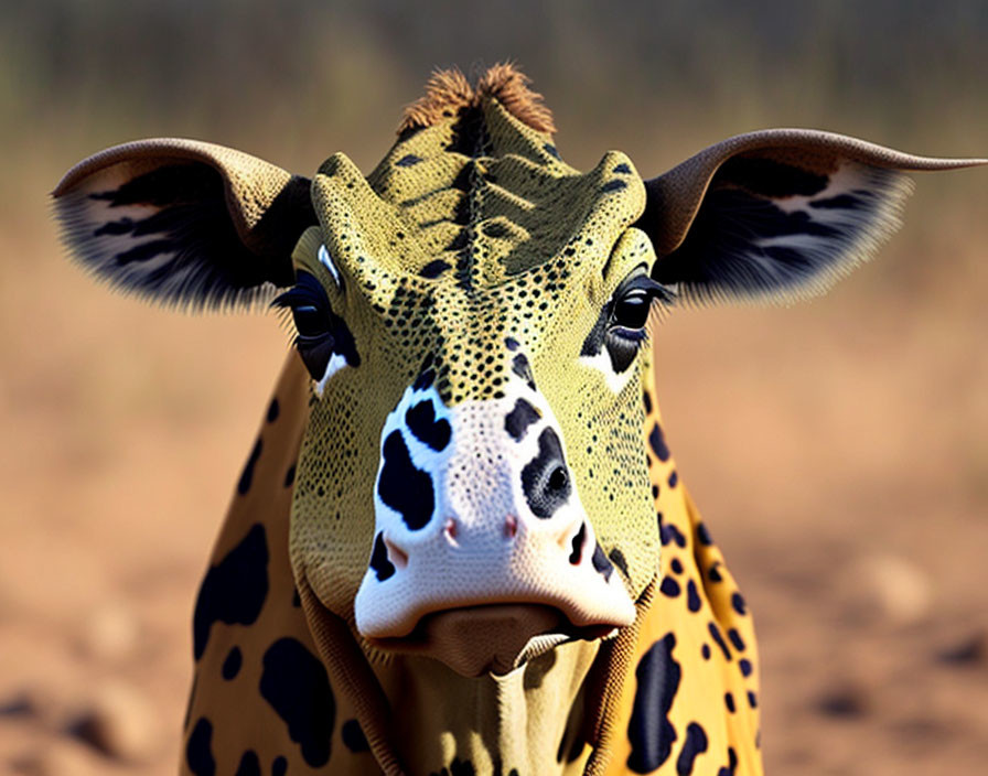 Digital art: Giraffe with cow-patterned face on blurred background