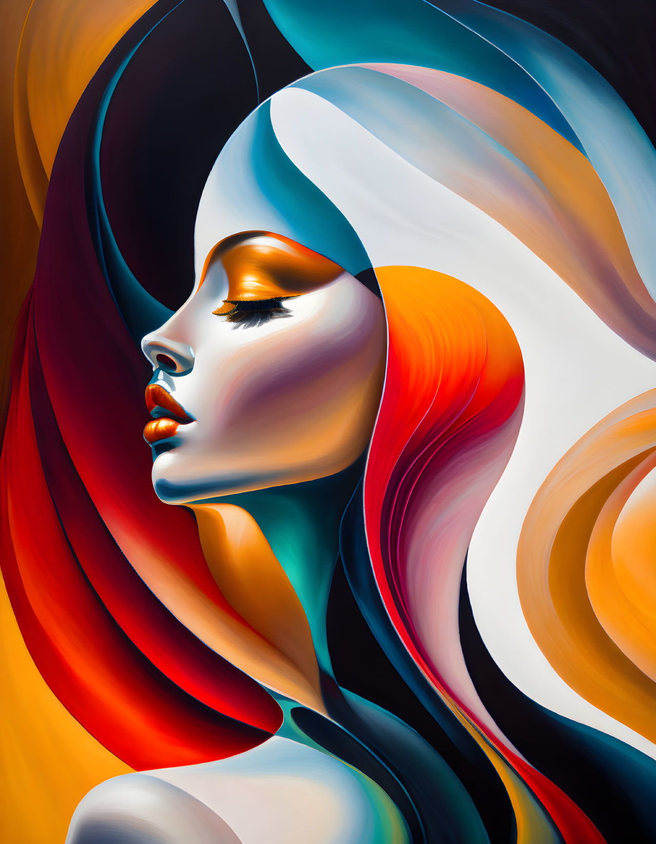 Colorful Abstract Portrait of Woman with Exaggerated Features