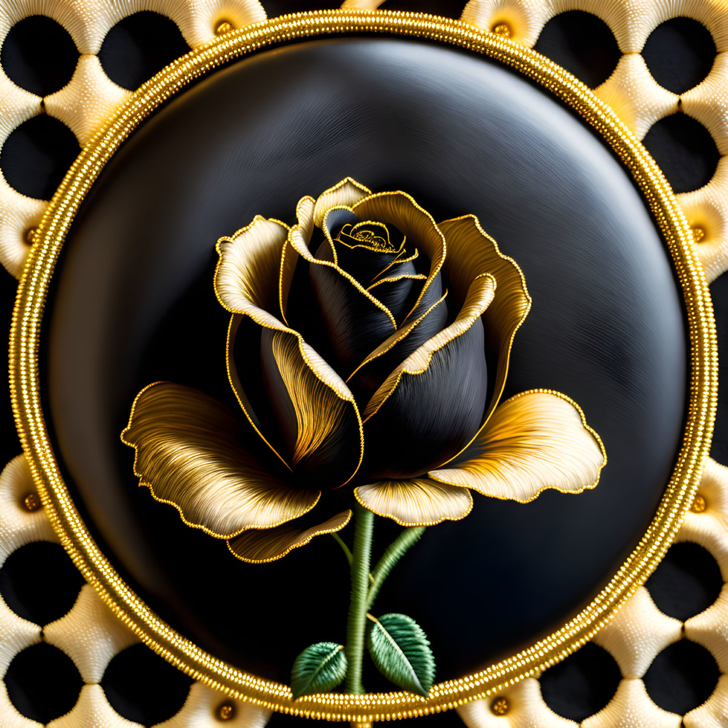 Black and Gold Rose in Circular Frame with Golden Details on White Background