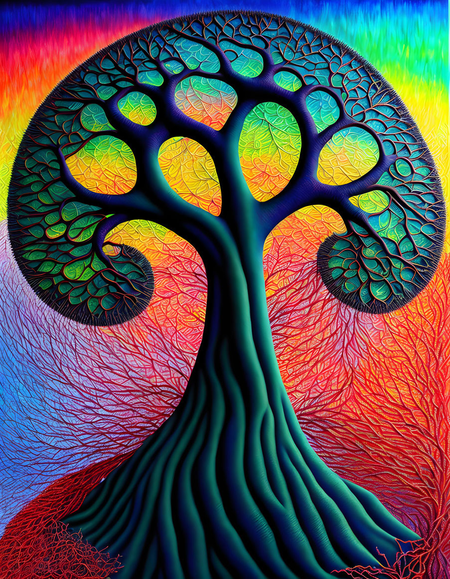 Colorful Stylized Tree Painting Against Radiant Background