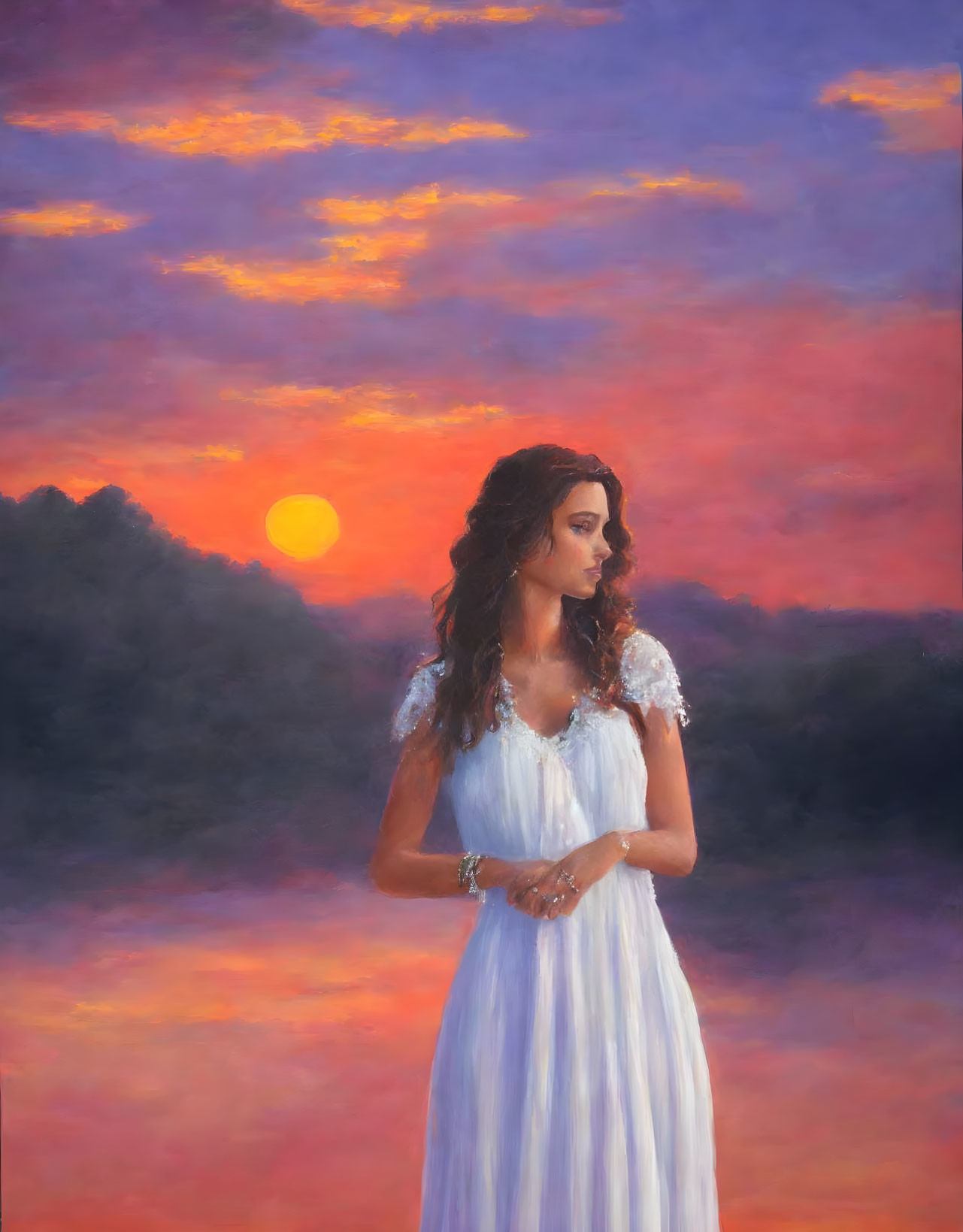 Woman in white dress against vibrant purple and orange sunset