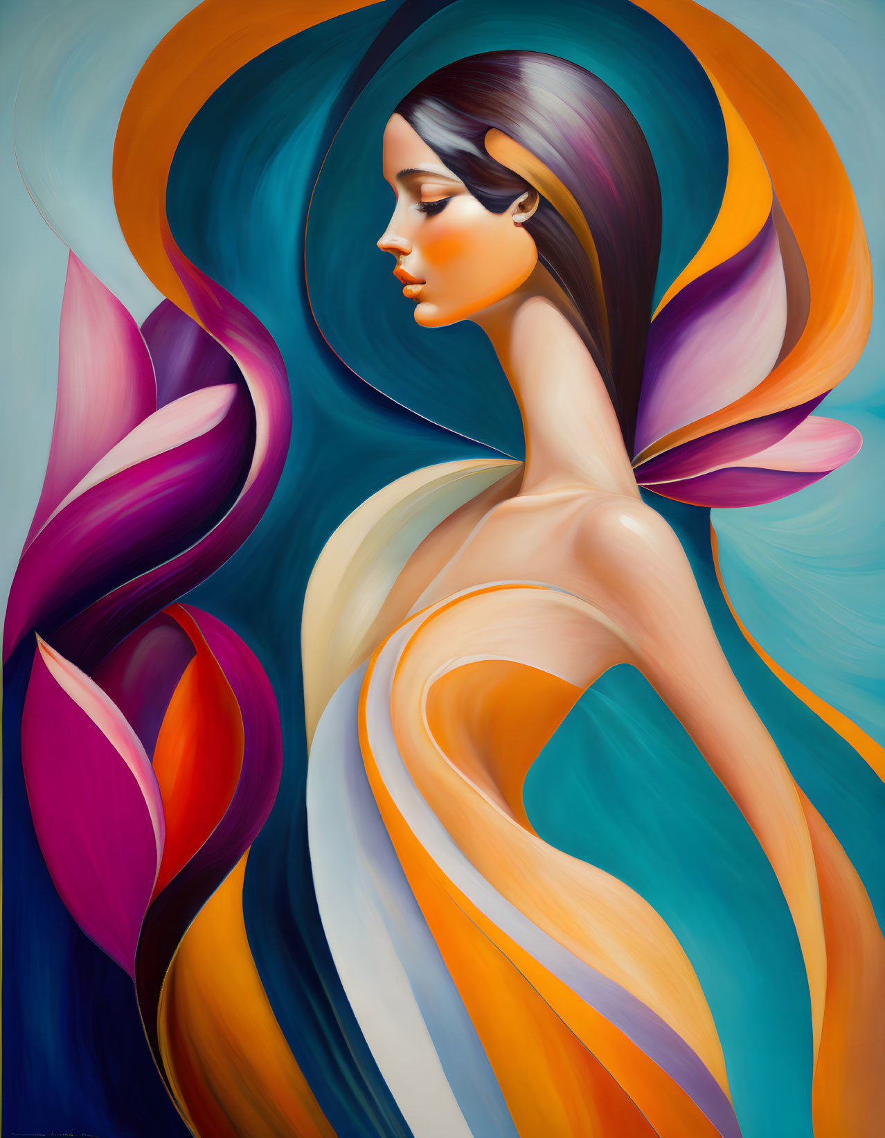 Colorful Abstract Painting: Woman with Flowing Hair & Swirling Shapes