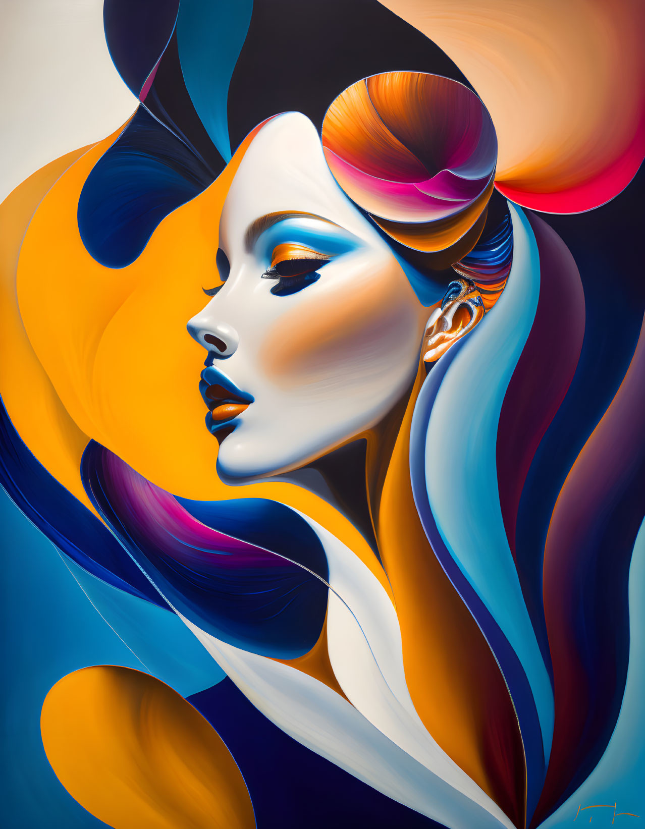 Colorful Portrait of Woman with Abstract Shapes and Vibrant Hair